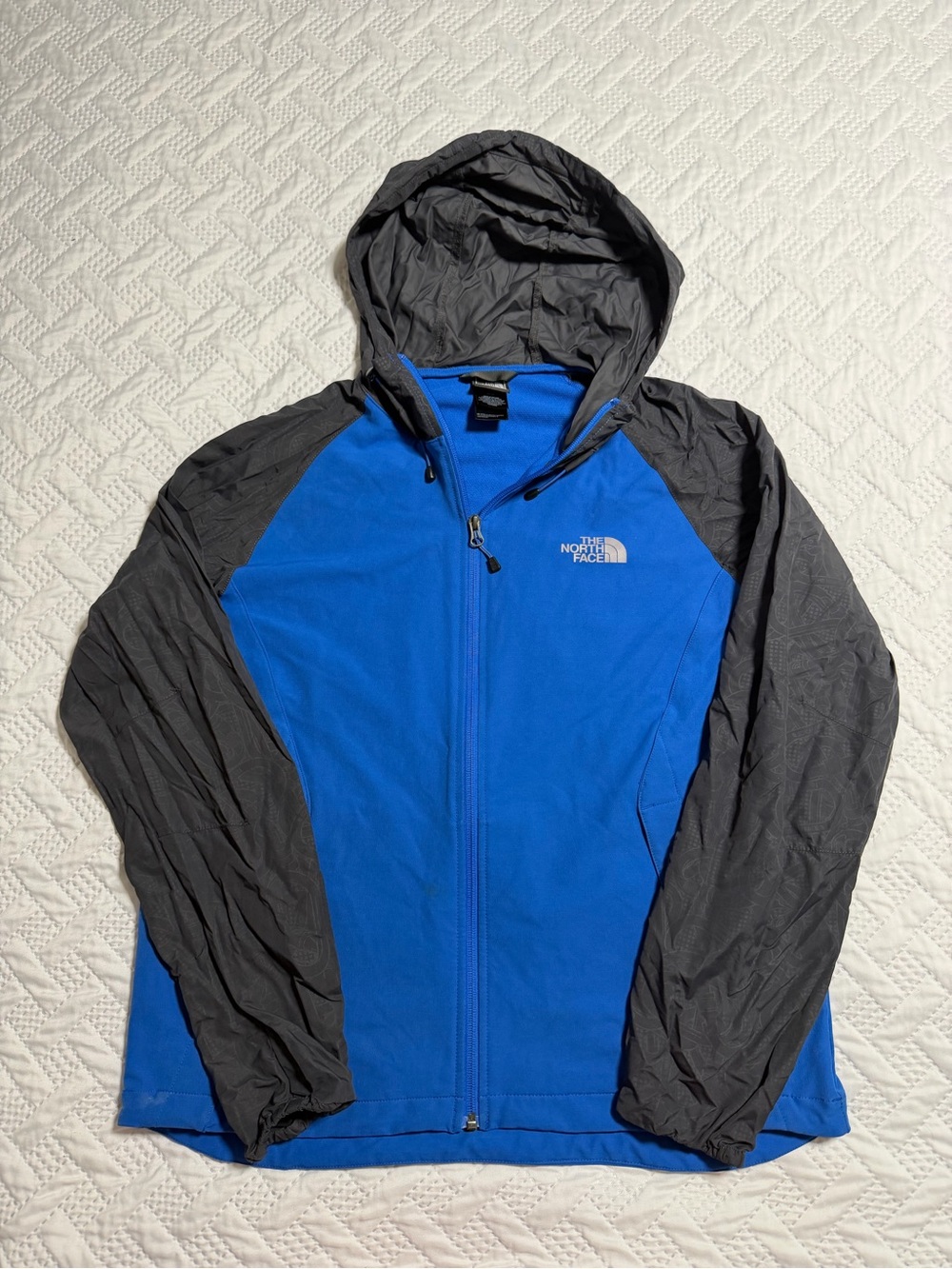 The North Face Men Medium Blue Dark Grey Hooded Windbreaker Jacket Activewear